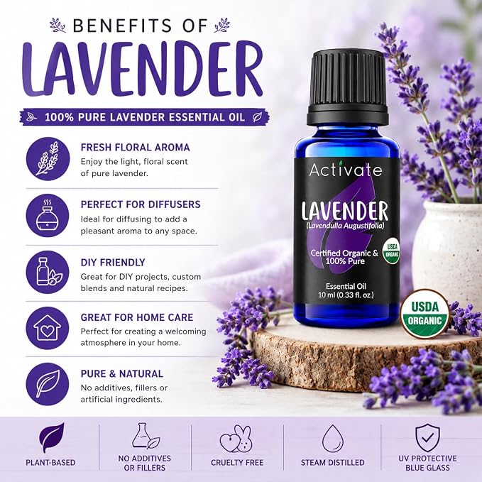 Lavender Essential Oil, USDA Certified Organic, 100% Pure Steam Distilled Lavender Oil (Lavandula angustifolia), Premium Aromatherapy Oil for Diffusers, Massage, DIY Blends & Home Fragrance, 10 mL