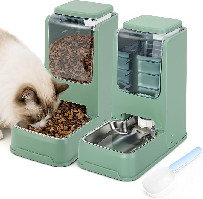 2 Pack Automatic Cat Feeder Stainless Steel Gravity Food and Water Dispenser for Small Medium Kitten Puppy Pets (Green)