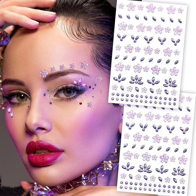 Purple Flower Face Tattoo Sticker - 172+pcs Summer Face Jewelry for Girls- Self-Adhesive Rhinestones for Eyes, Face, Nail Body – Festival Halloween Christmas Cosplay Makeup Decoration (purple)
