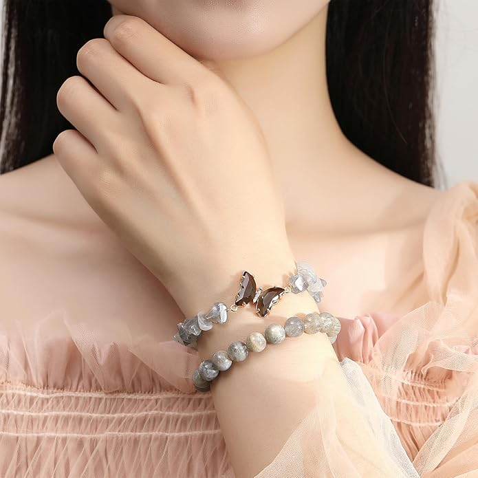 DUQGUHO 2Pcs Butterfly Bracelets for Women Healing Crystals Bracelets for Women Natural Gemstone Bead Bracelet Cute Butterfly Charm Bracelet Stretch 8mm Crystal Jewelry Gifts for Women