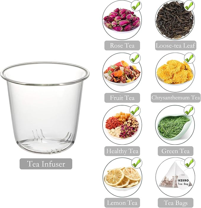 Lezero 15oz Tea Infuser Cups with Strainer and Lid, Glass Filter Mugs Brewing Kit for Loose Leaf-Tea & Blooming, Heat Resistance, Lead-free, Microwave & Dishwasher Safe