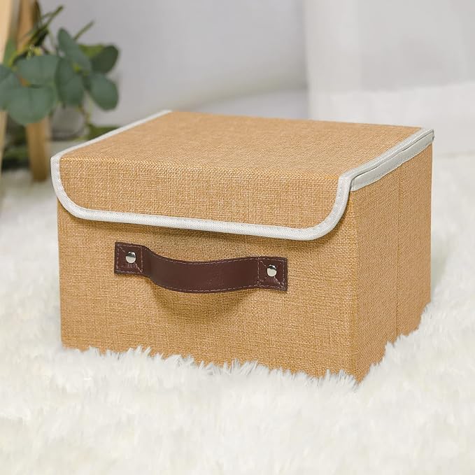 ANMINY Fabric Storage Box Bins with Lids, Khaki, 10"x8"x7", 4 Pack | Keepsake Memory Storage, Cotton Linen, PP Board Reinforced, Washable, PU Handles, Foldable & Stackable, Decorative, Small