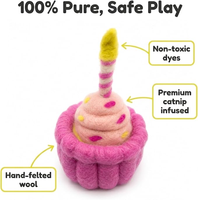 Glaciart One Wool Cat Birthday Cake Toy – Handmade Plush Catnip Design, Interactive Play for Indoor Cats, for Kittens & Cat Lovers
