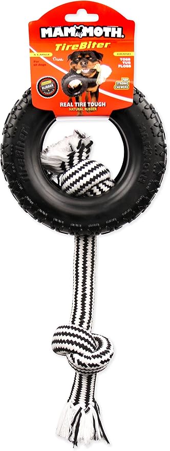 Mammoth Pet Products TireBiterII with Cotton-Poly Rope-Natural Rubber Dog Toys for Extreme Chewers-Dog Toys for Extra Long Interactive Play-Aggressive Chewer Toys for Large-X-Large 7" Black (35018F)