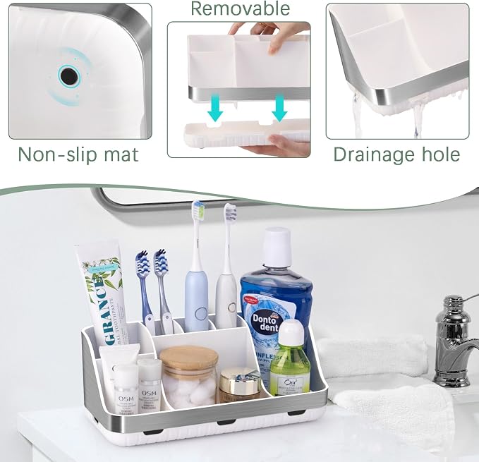 GFWARE Toothbrush Holders for Bathrooms Countertop Organizer - Kids Electric Toothbrush and Toothpaste Holder Detachable 7 Slots Tooth Brush Organization Bathroom Accessories Storage Vanity, Silver