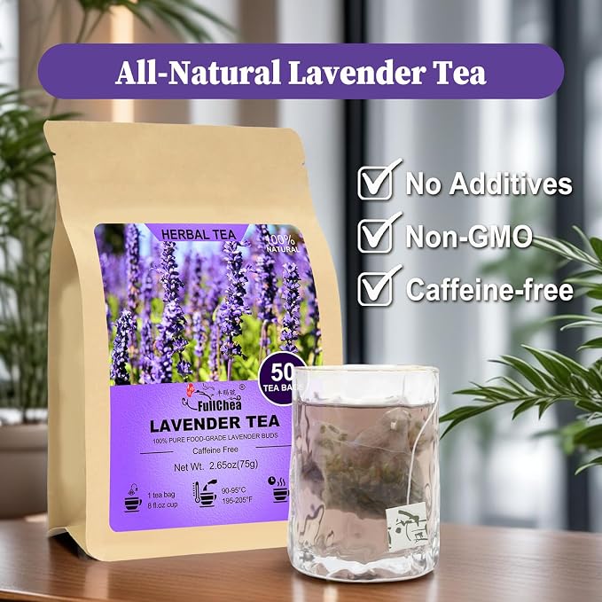 FullChea - Lavender Tea Bags, 50 Teabags - Pure Lavender Flowers for Relaxation - Caffeine-Free Floral Tea for Sleep & Wellness