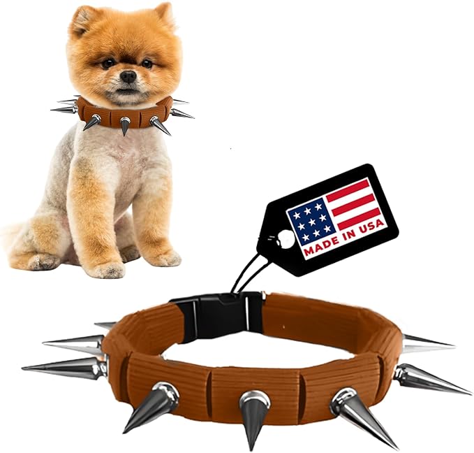 CoyoteCollar Spike Dog Collar, Adj/Replaceable Spikes, Small, Brown