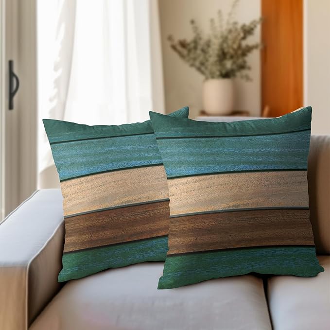 Kawani Wood Board Pillow Covers 22x22 Inches, Set of 2 Blue Green Brown Retro Wooden Decorative Square Pillowcase Cotton Linen Cushion Covers for Living Room Bedroom Sofa Couch