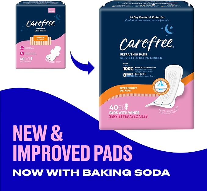 Carefree Ultra Thin Pads for Women, Overnight with Wings | Feminine Care & Postpartum Protection | 40ct (Pack of 1)