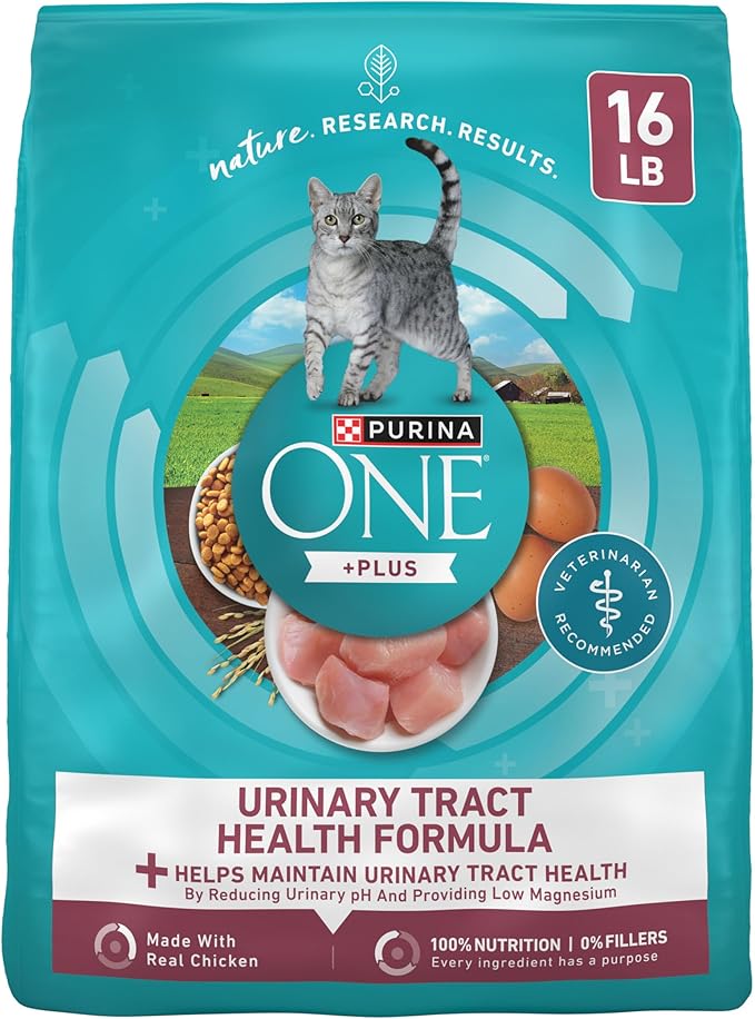 Purina ONE High Protein Urinary Tract Health Dry Cat Food, 16 lb Bag | Made with real chicken, no artificial flavors or colors. Low-magnesium formula balances pH and boosts immune defense