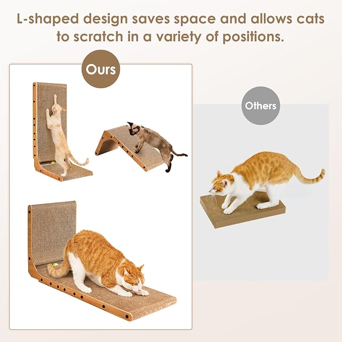 EHEYCIGA Cardboard Cat Scratcher for Indoor Cats, 19 Inch, Brown | L Shaped Scratching Post, Vertical Cat Scratching Board with Ball Cat Toy, Furniture Protector, Kitten Cat Scratch Pad