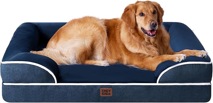 EHEYCIGA Egg-Crate Memory Foam Dog Bed, Waterproof, Navy, Large 41 x 27 x 6.5 inches, 100 lbs Capacity | Non-Slip Bottom and Egg-Crate Memory Foam XL Dog Couch Bed with Washable Removable Cover, Navy, 41Inch
