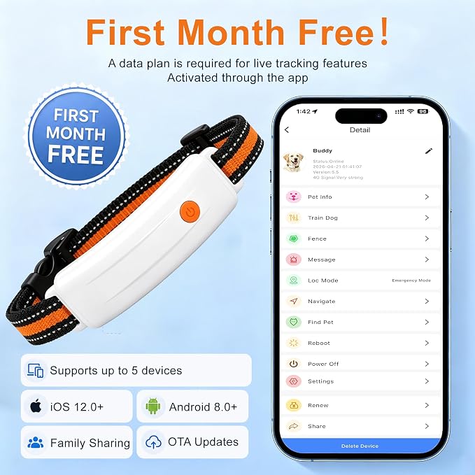 4G LTE GPS Pet Tracker & Virtual Fence, Real-Time Location, Heart Rate & Activity Monitor, Remote Training Smart Collar for Large Cats, Small, Medium and Large Dogs (White)