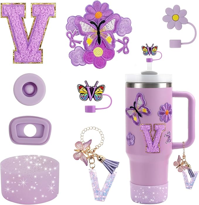 15PCS Cup Accessories Set for Stanley Cup 30oz 40oz Tumbler with Handle, Including Silicone Straw Cover and Boot, Spill Proof Stopper, Stanley Charms, Handle Charm, Initials Sticker