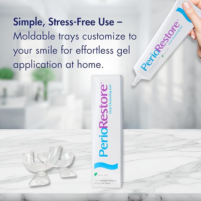 Perio Restore® Gel 3 Ounce Tube; 3 Pack. 1.7% Hydrogen Peroxide Oral Cleansing Treatment Gel. Includes Two (2) Trays for Ease of Application. Mint Flavor