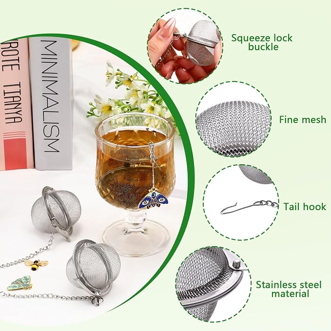 Set of 6 Tea Infuser for Loose Leaf Tea with Butterfly and Bee Charm Pendant, 304 Stainless Steel Tea Ball for Brew Fine Loose Tea and Spices & Seasonings
