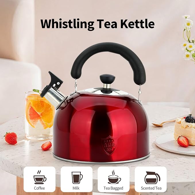 3.75 Quart/4L Whistling Tea Kettle,Stainless Steel Teakettle Teapot for Stovetop,Vintage Tea Kettles with Touch Ergonomic Handle(Red)
