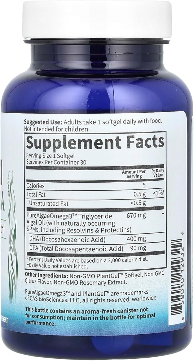 Garden of Life Omega 3 Vegan DHA Supplements Dr. Formulated Vegan DHA, 400mg DHA & 90mg DPA in Triglyceride Form from a Single Source, Omega 3 Supplement for Women's and Men's Health, 30 Softgels