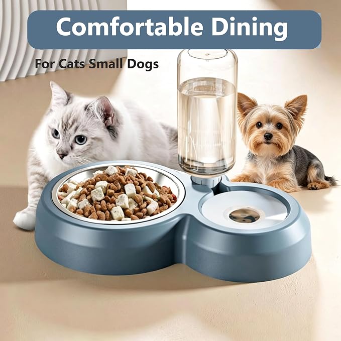 YSHOME&PET Double Dog Bowls, Cat Food & Water Bowl Set with Water Dispenser | Detachable Durable Stainless Steel Bowl Gravity Feeder for Small or Medium Size Dogs Cats Kittens Rabbits Bunny Easy to Clean