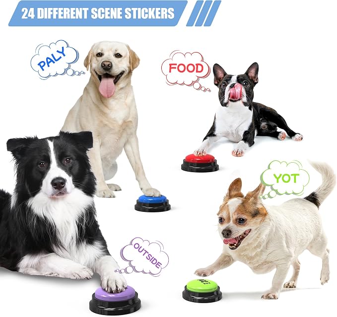 Dog Buttons for Communication 6 Pcs, 30s Recordable Dog Talking Buttons Starter Set with Anti-Slip Mat & 24 Scene Stickers, Pet Training Voice Buzzer