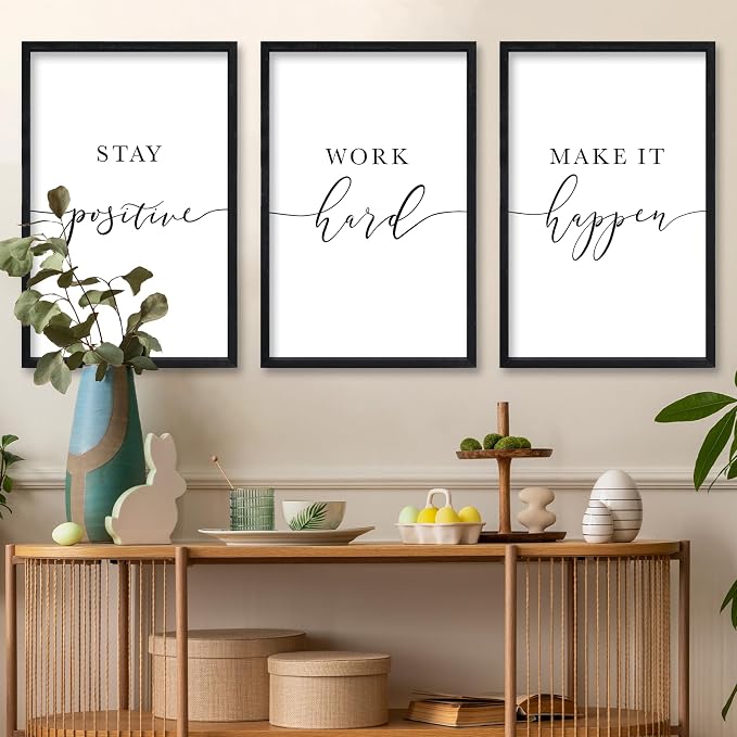 RLWangChao Inspirational Quotes Wall Art Decor 3 Piece 16"X24" Black | Modern Office, Stay Positive Work Hard Make It Happen Motivational, Framed Sign, Living Room Positive Wall Hanging