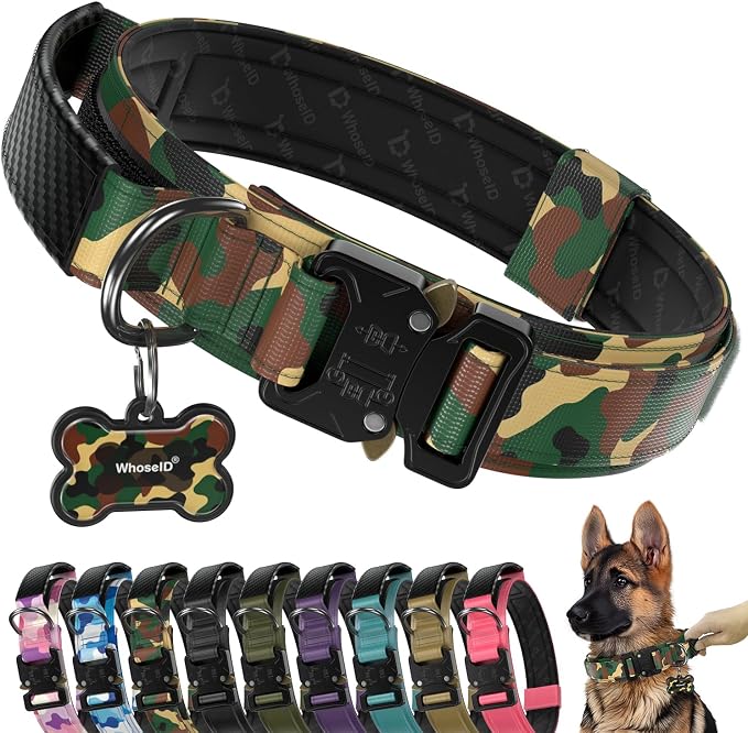 Premium Tactical Dog Collar - Adjustable Military Heavy Duty Dog Collar for Medium Large Dogs - Durable Metal Buckle Dog Collar with Leather Control Handle and Soft Comfortable Padding
