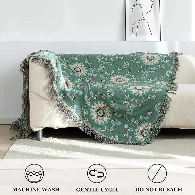 LUTBM Boho Throw Blanket for Bed 60"x80", 100% Cotton Soft Couch Blankets | Reversible Floral Jacquard, All-Season Twin Quilt, For Chair Sofa Living Room, Lightweight & Breathable Gauze, Home Decor