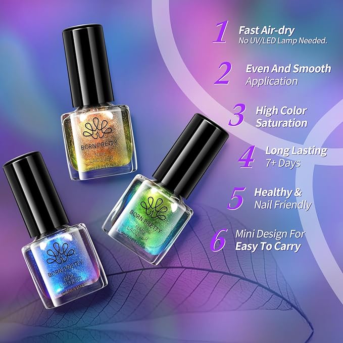 Born Pretty Chameleon Nail Polish Set, 6 Colors Chrome Holographic Metallic Glitter Quick Dry Nail Lacquer Kit Long Lasting DIY Fingernail Art Home Salon Valentines Gifts for Women Girls