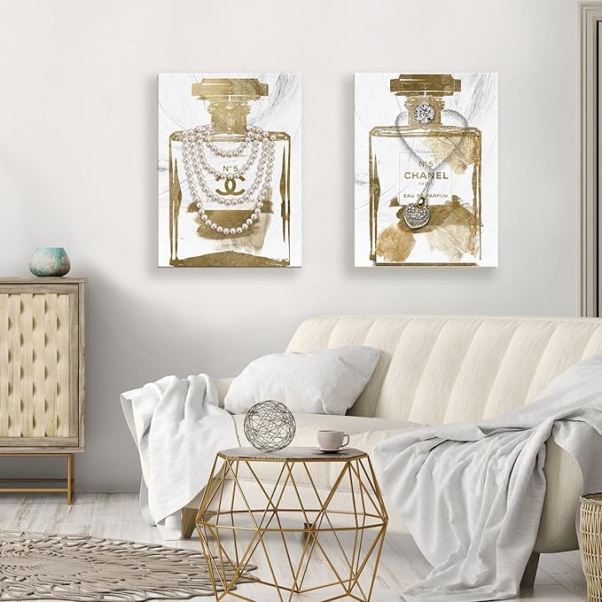 2 pieces Vintage Perfume Bottle Canvas Wall Art Modern Luxury Posters Print Fashion Glam Poster Picture for Bedroom Make up Room Home Decor 24"x36"