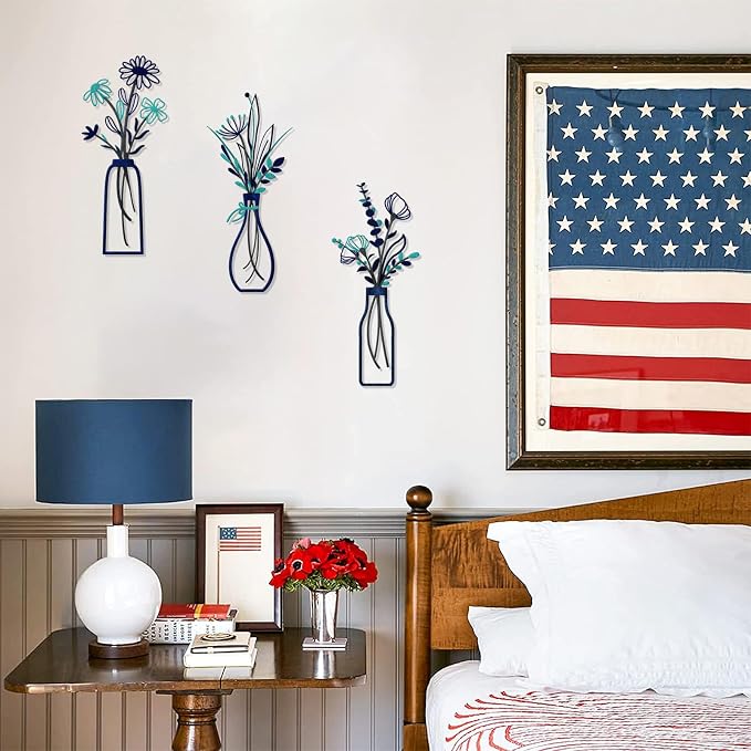 Pigort 3 Pieces Metal Flowers Wall Arts - Rustic Farmhouse Style Décor Metal Wall Art Black Minimalist Flower Natural Themed Wall Decors for Home Bedroom Dining Room Housewarming (Blue)