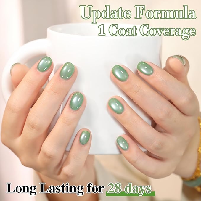 Double Rhythm 15ML Jelly Glass Cat Eye Gel Polish with Magnet Holographic Glitter Shimmer Translucent Sheer Color Salon Soak Off Magnetic Nail at Home (Pale Green-MC1198)