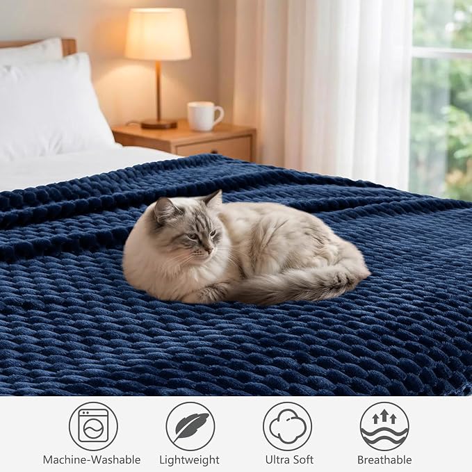 Vessia Flannel Fleece Throw Blanket(50x70 inch), 3D Jacquard Navy Blue Fuzzy and Warm Blanket for Couch, Sofa, Bed, Chair, 300GSM Super Soft Touch Cozy Lightweight Throw for All-Season Home Decor