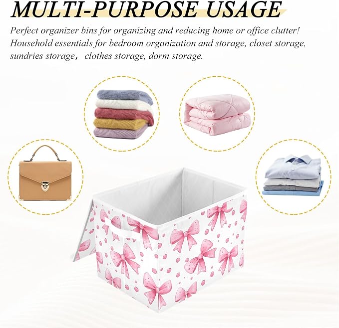 Bows and Polka Dots Storage Bins with Lids and Carrying Handle,Foldable Storage Boxes Organizer Containers Baskets Cube with Cover for Home Bedroom Closet Office