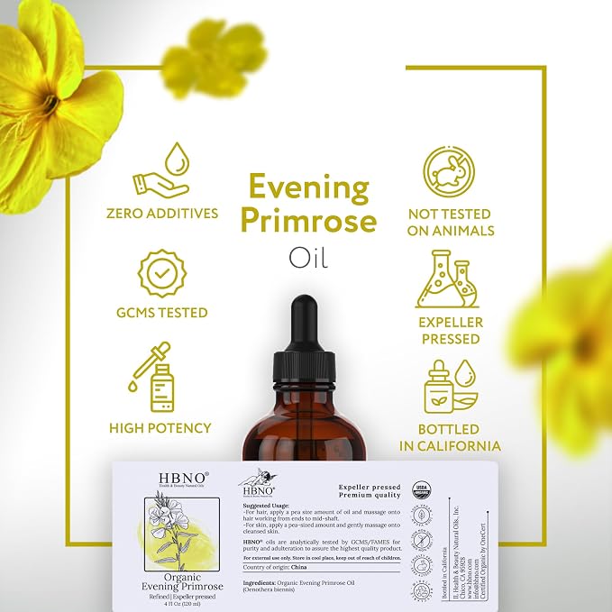 HBNO California Bottled Organic Evening Primrose Oil 4 fl oz (120ml) - USDA Certified Organic Evening Primrose Oil, Cold Pressed Carrier Oil for Face, Body, Lips, Nails, Shampoo & Conditioner