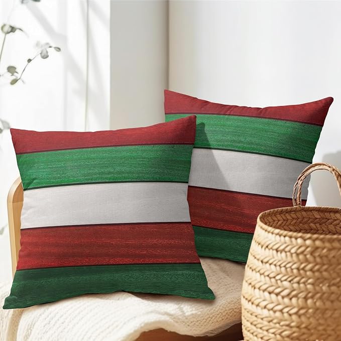 Kawani Vintage Wood Christmas Pillow Covers 16x16 Inches, 2 Pcs Red Green Rustic Wooden Xmas Decorative Pillowcase Cotton Linen Square Cushion Case for for Home Holiday Party Sofa Couch