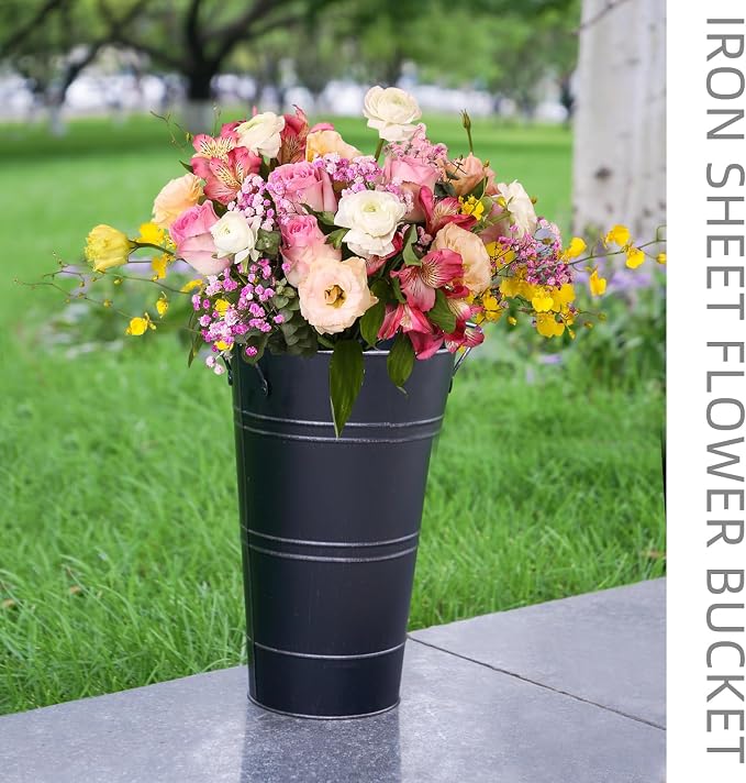 Notakia 12 Inch Large Galvanized Metal Vases Farmhouse French Flower Bucket Vases for Cut Flowers for Home Decor and Wedding Table Centerpiece Decorations (Large Blcak 8Pcs)