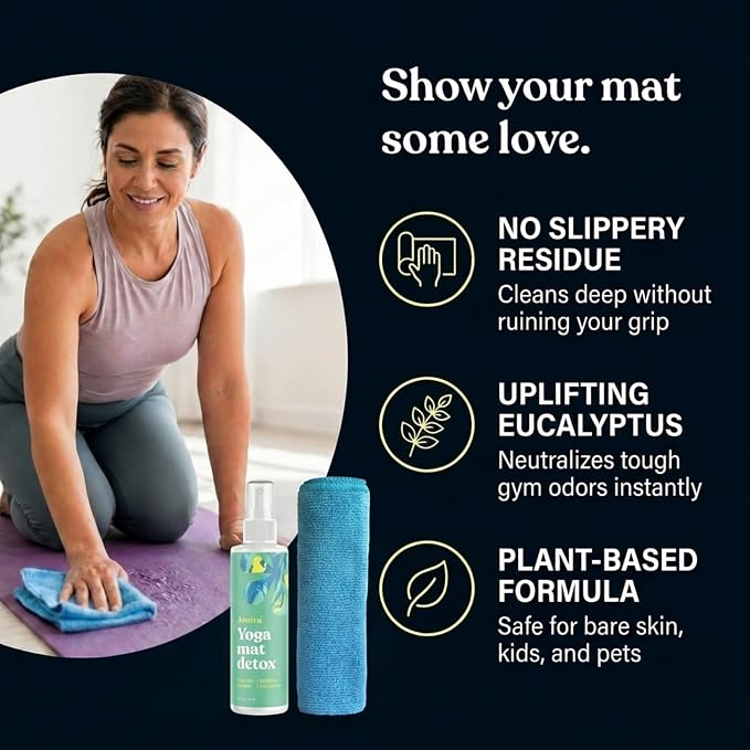 ASUTRA Yoga Mat Cleaner Spray (Uplifting Eucalyptus), 4 fl oz - No Slippery Residue, Organic Essential Oils, Deep-Cleansing for Fitness Gear & Gym Equipment, Microfiber Towel Included