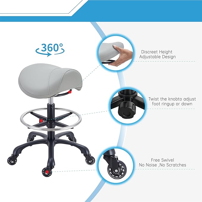 Saddle Salon Stool with Footrest,Heavy Duty, Adjustable Height, Rolling Esthetician Chair for Tattoo Spa Medical Dentist Clinic(Gray)