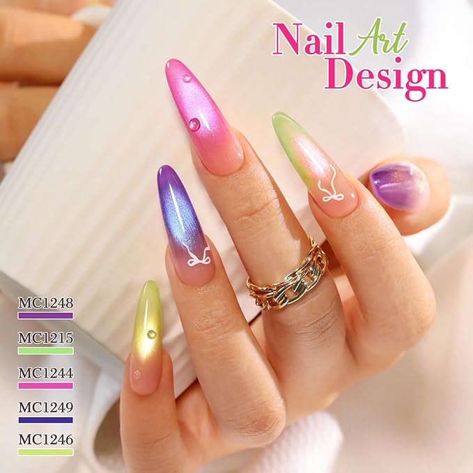 Double Rhythm 15ML Ice Glass Cat Eye Gel Polish with Magnet Holographic Glitter Shimmer Translucent Sheer Color Salon Soak Off Magnetic Nail at Home (Green Gold-MC1246)