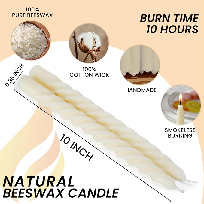 8PCS 10-Inch Pure Beeswax Spiral Taper Candles, Twisted Stick Candles, Dripless & Unscented for Weddings, Christmas, Dinner, Meditation - White