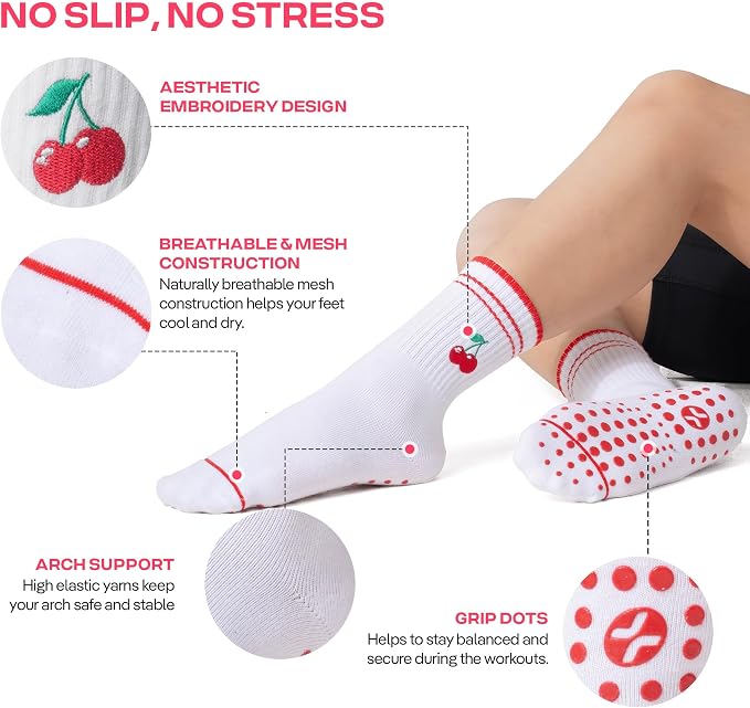 COOLMATE Pilates Socks with Grips for Women, Yoga Socks, Crew Non Slip Women for Barre, Pilates Gifts for Women