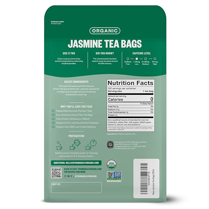 FGO Organic Jasmine Green Tea, 100 Count, Eco-Conscious Tea Bags, Resealable Bag, Packaging May Vary (Pack of 1)