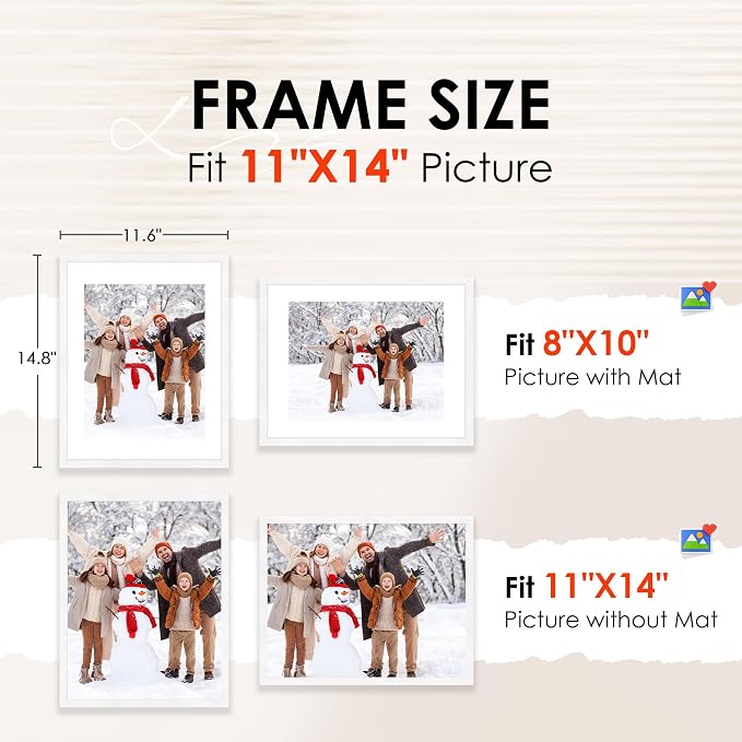 11x14 Picture Frame Set of 2, Photo Frame with HD Plexiglass, Display Pictures 8x10 with Mat or 11x14 Without Mat, White Picture Frames Collage Wall Decor, Gallery Wall Frame