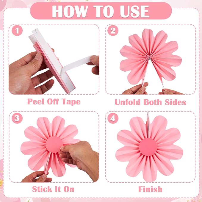 SUNBEAUTY Paper Flowers Decorations Pink Daisy Paper Flowers Decorations for Wall Hanging Paper Fans Decoration Floral Backdrop Decor for Birthday Wedding Baby Shower Classroom Decoration Set of 9