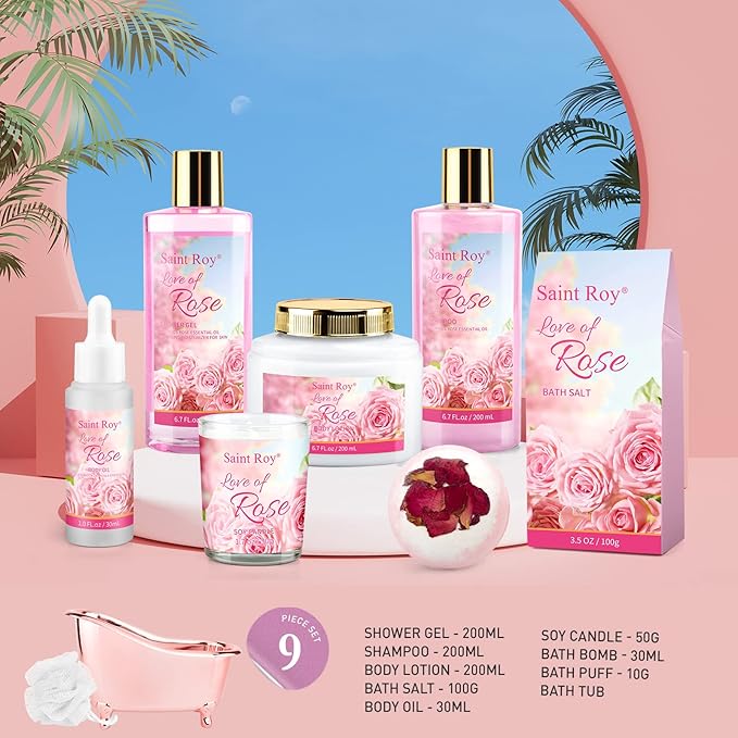 Mothers Day Gifts for Women,Bath Kit Rose Bath and Body Gift, Facial Skin Care Set, Self Care Pampering Kit, Home Spa, Birthday, Mother Day, Bridal Shower, Bath Kit Christmas Gifts for Women
