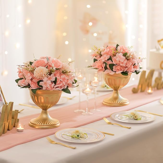Sziqiqi Gold Metal Urn Compote Vase, Flower Wedding Centerpieces, 2Pcs | 10.6in Tall, Golden Floral Centerpiece Pedestal Bowl Vases, Flower Arrangements for Wedding, Party, Birthday, Event