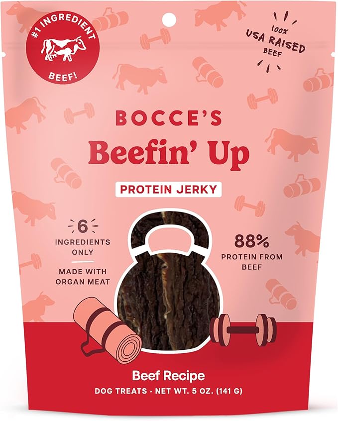 Bocce's Bakery Beefin' Up Protein Jerky Dog Treats, Beef (5 oz) | High-Protein, Wheat-Free, Limited-Ingredient Treats with No Added Salt or Sugar - Baked in The USA