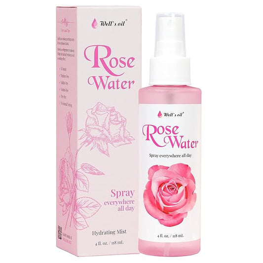 Well's Oil Rosewater Face & Hair Mist Spray (4 fl oz / 118 mL) | Floral Rosewater Hydrosol | Alcohol-Free