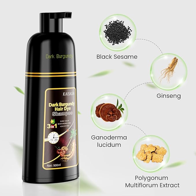 KAISASA Hair Dye Shampoo 3 in 1, Hair Color Shampoo for Women and Men, Hair Dye to Gray Hair, Herbal Ingredient Shampoos for Hair Coverage 500ml (Dark Burgundy)