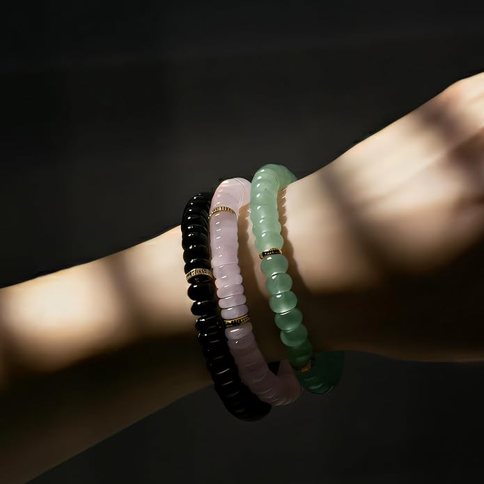 L&J JEWELRY 3PCS Handmade Natural Gemstone Stretch Elastic Bracelet Healing Crystal Round Stone Beads Jewelry Gifts for Women Men